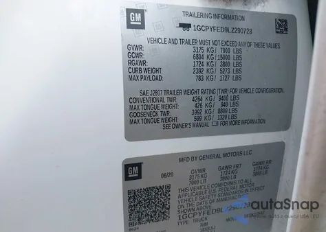 2020 Chevrolet Silverado 1500 4Wd Short Bed Lt Trail Boss z USA, uszkodzony, nr VIN 1GCPYFED9LZ290728